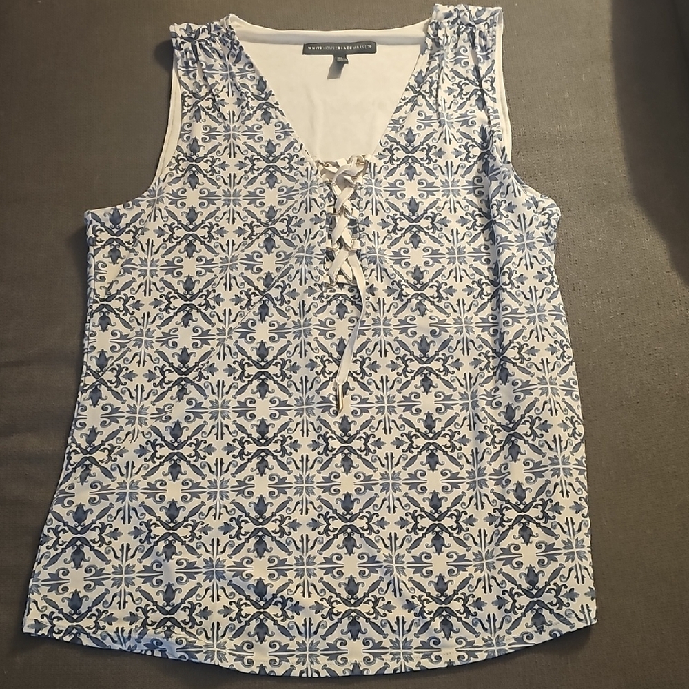 white House Black Market Navy and White Lace-Up Blouse